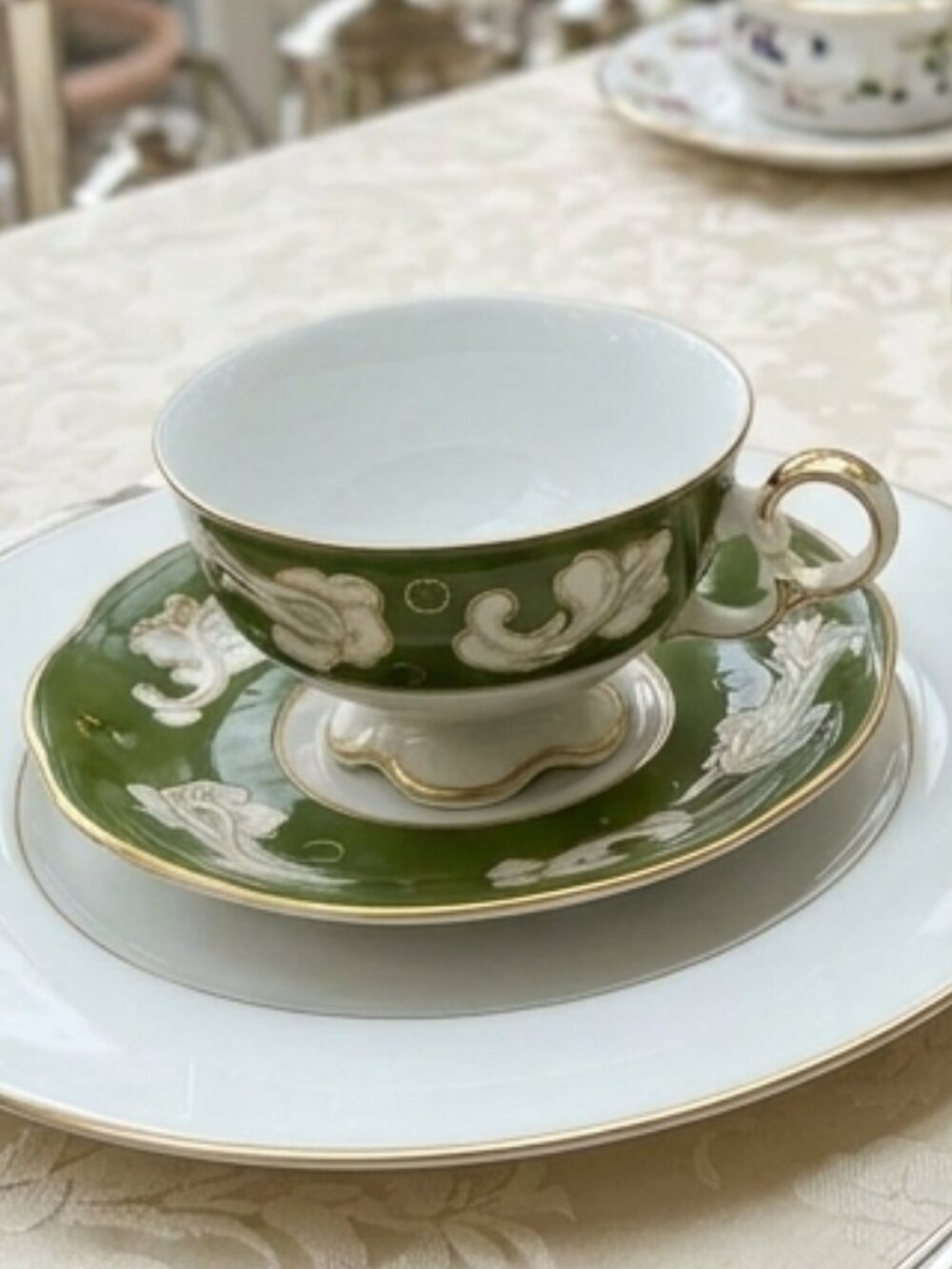 Vintage Teacup & Saucer Shafford Fine China Japan Collectible Green White Gold